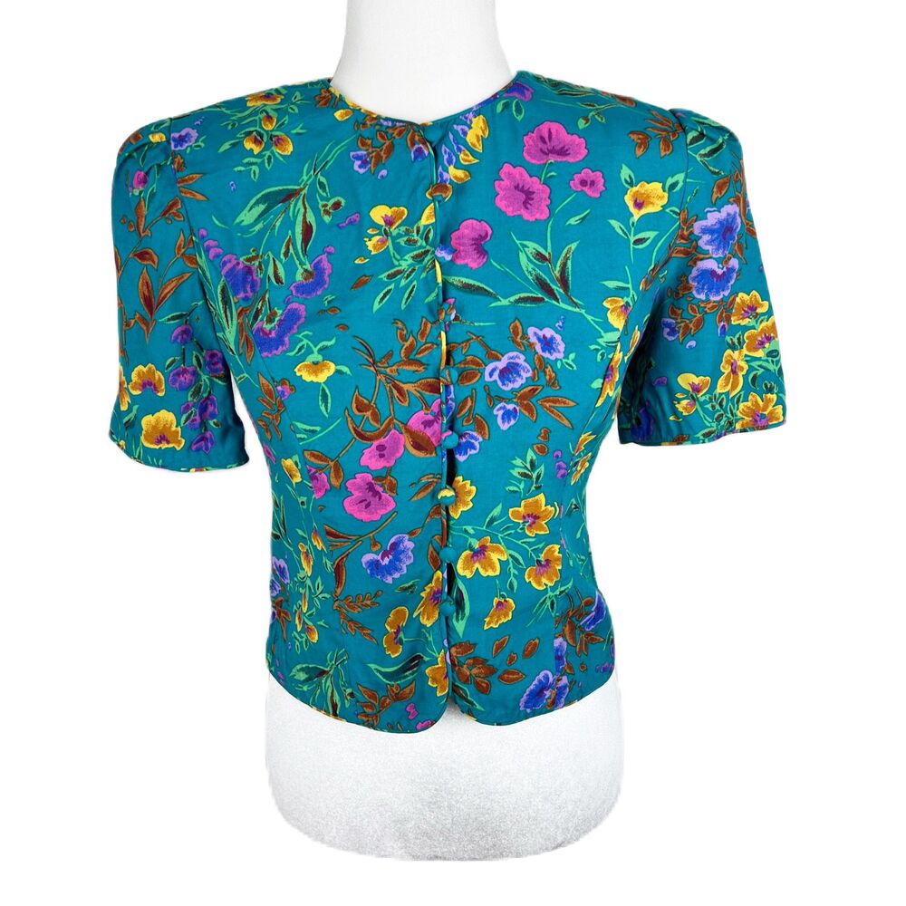 Maggy London Button Down Shirt Women 4 Petite Floral Rayon Vintage Blouse Casual